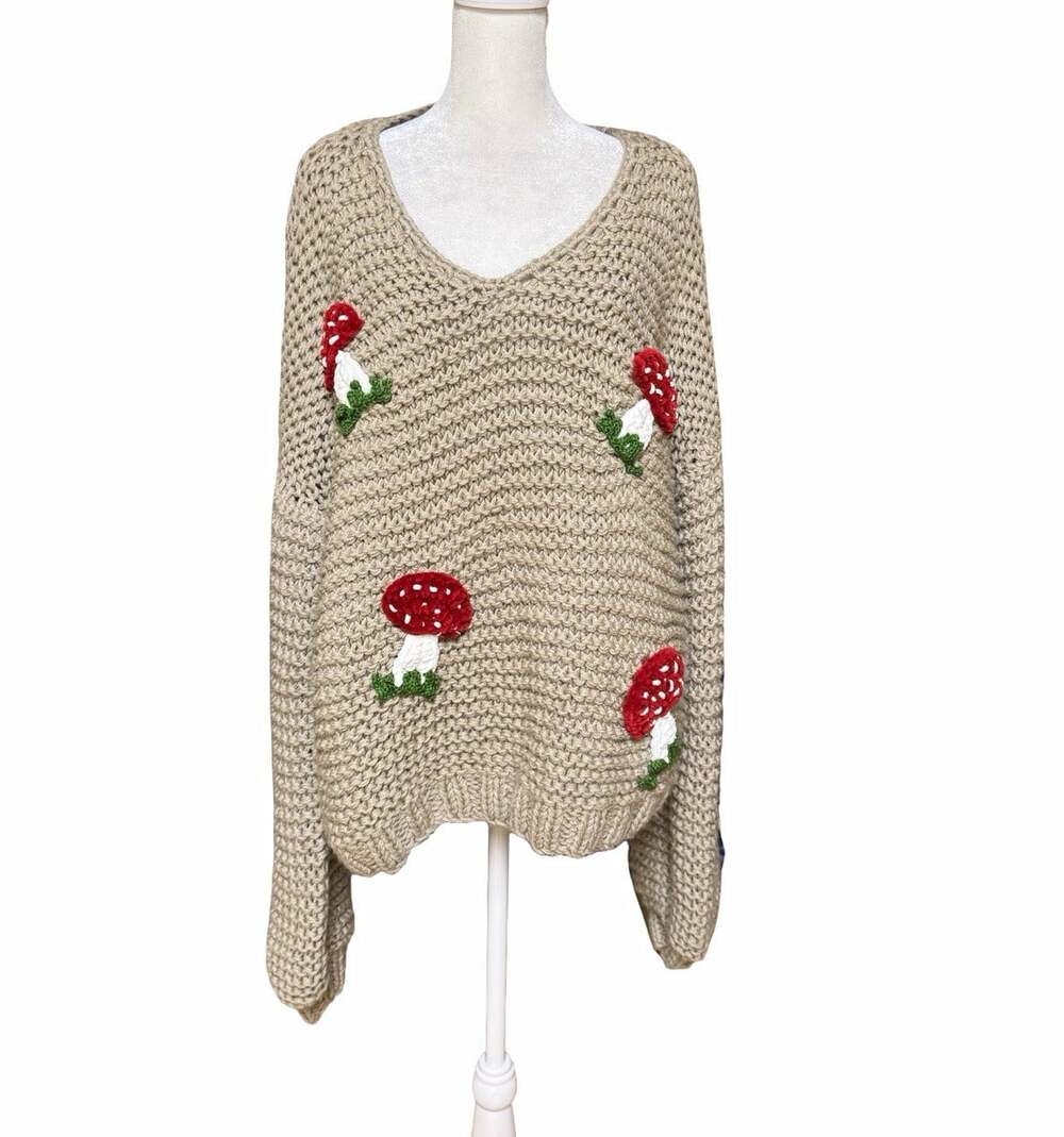 ByDna Handmade Beige Solid Knit V-Neck Oversized Pullover Sweater Appliqué